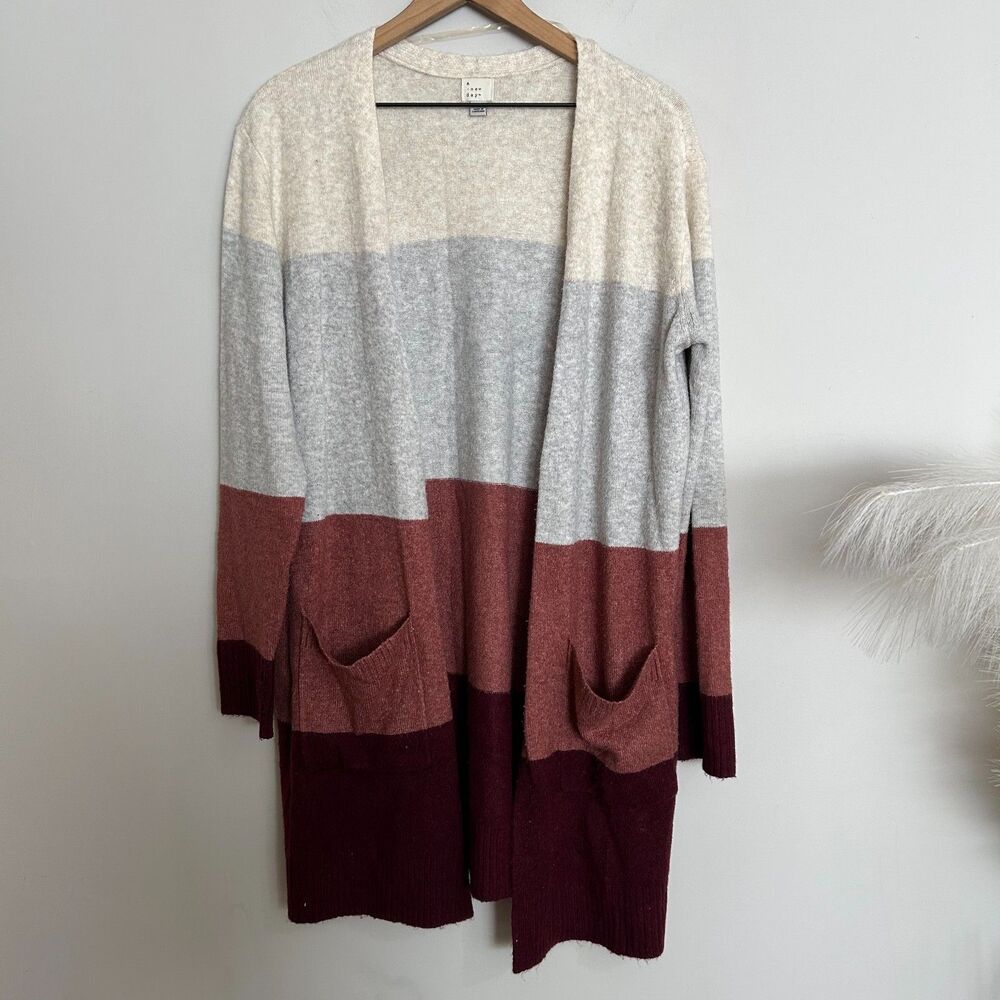 A New Day Colorblock Cardigan Medium Open Front Cozy Soft Knit Pockets - Picture 1 of 6